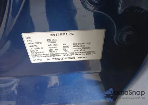 2021 Tesla Model Y Long Range Dual Motor All-Wheel Drive from USA, damaged, VIN 5YJYGDEE7MF066806